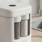 وحدة تنقية مياه عصرية توضع فوق الطاولة (Countertop) بتصميم أنيق وشاشة رقمية، تستخدم لشرح مزايا وعيوب التناضح العكسي في توفير مياه نقية مقابل المساحة التي تشغلها في المطبخ.