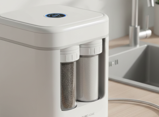 وحدة تنقية مياه عصرية توضع فوق الطاولة (Countertop) بتصميم أنيق وشاشة رقمية، تستخدم لشرح مزايا وعيوب التناضح العكسي في توفير مياه نقية مقابل المساحة التي تشغلها في المطبخ.