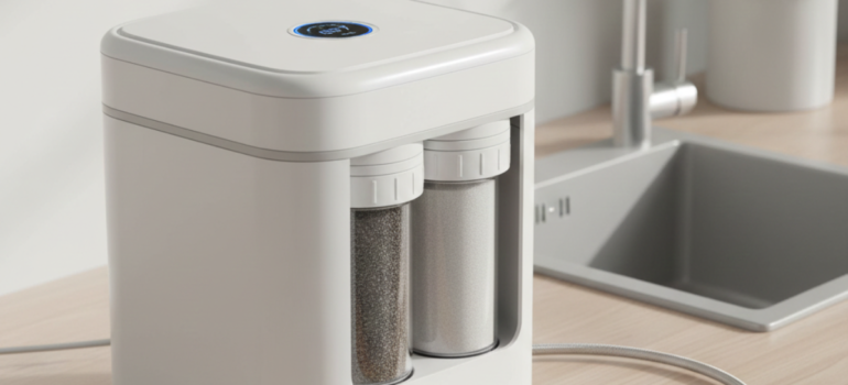 وحدة تنقية مياه عصرية توضع فوق الطاولة (Countertop) بتصميم أنيق وشاشة رقمية، تستخدم لشرح مزايا وعيوب التناضح العكسي في توفير مياه نقية مقابل المساحة التي تشغلها في المطبخ.