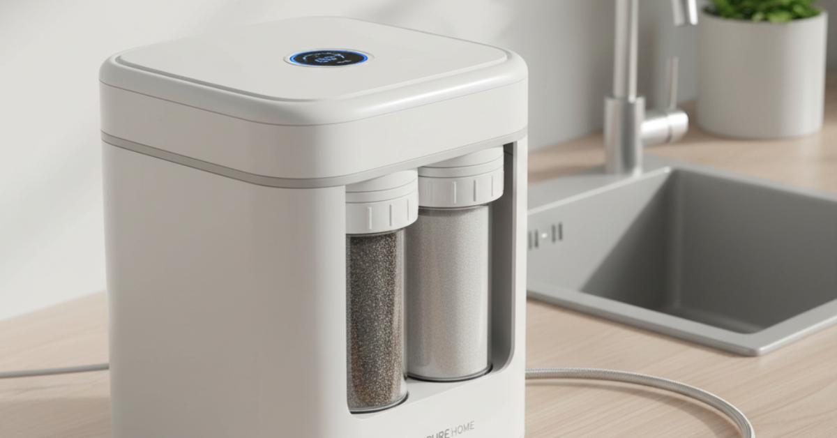 وحدة تنقية مياه عصرية توضع فوق الطاولة (Countertop) بتصميم أنيق وشاشة رقمية، تستخدم لشرح مزايا وعيوب التناضح العكسي في توفير مياه نقية مقابل المساحة التي تشغلها في المطبخ.