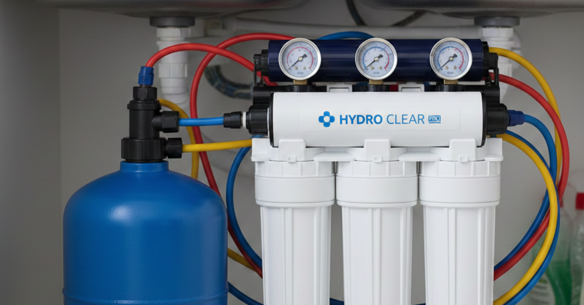 جهاز تنقية مياه منزلي ماركة Hydro Clear Pro مثبت أسفل الحوض، يوضح مكونات النظام التي تبرز مزايا وعيوب التناضح العكسي من حيث كفاءة الفلترة وحجم الخزان الأزرق الملحق.