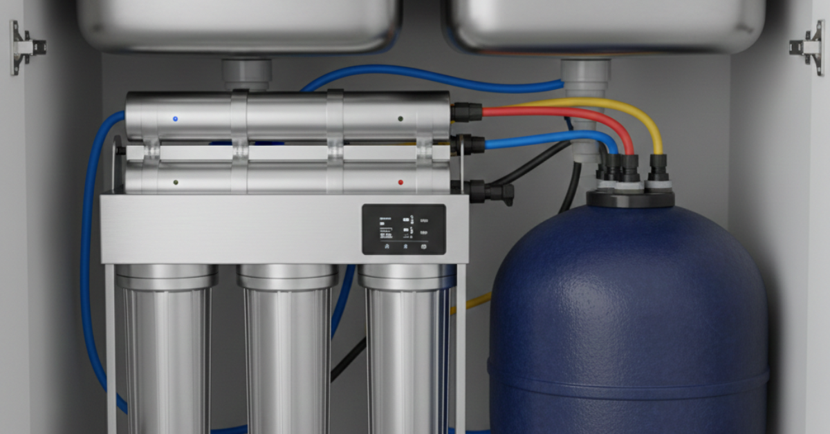 نظام فلترة مياه متطور باللون الفضي مع خزان ضغط كبير، يظهر التركيب الداخلي للأنابيب الملونة، مما يعكس الجوانب التقنية عند مناقشة مزايا وعيوب التناضح العكسي للمنازل.