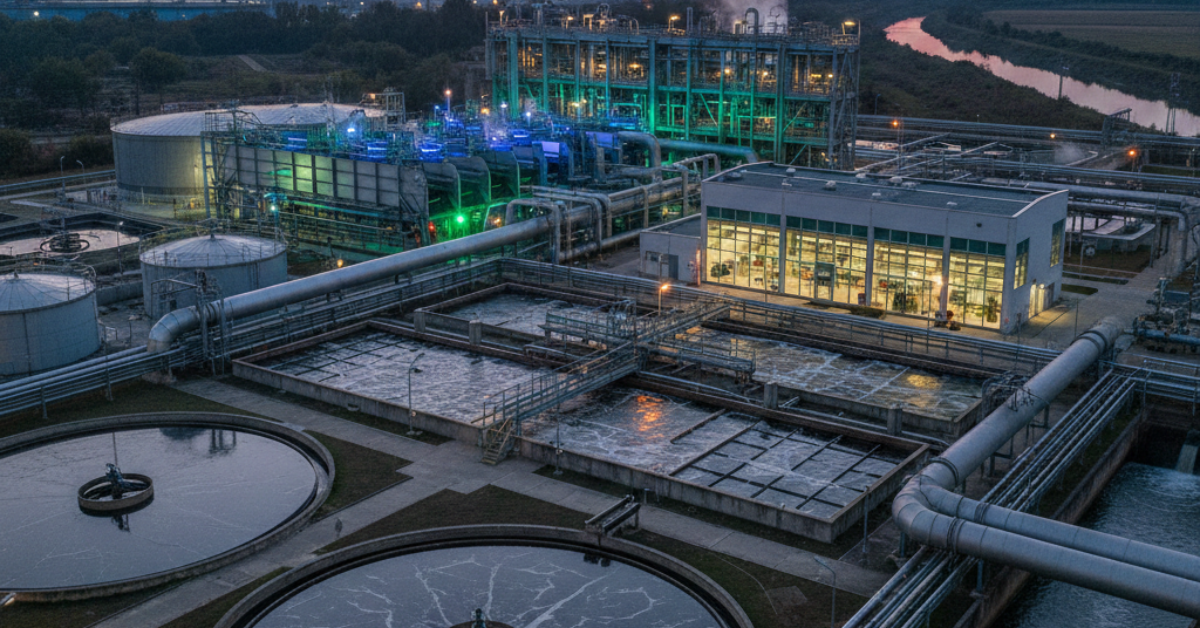 لقطة قريبة لمنشأة متطورة تعمل على معالجة مياه الصرف الصناعي تظهر فيها أحواض التهوية والأنابيب الضخمة مع إضاءة ليلية للمعدات التقنية.