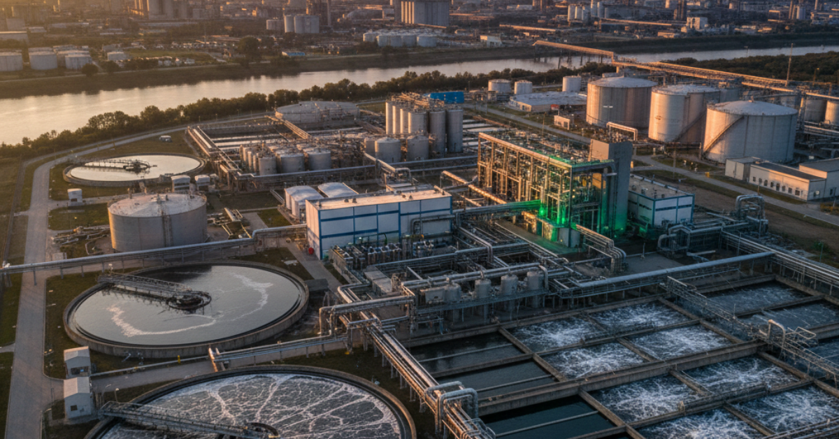 مشهد جوي بانورامي لمحطة ضخمة مخصصة لعمليات معالجة مياه الصرف الصناعي توضح أحواض الترسيب الدائرية والمباني التشغيلية بجوار مسطح مائي.