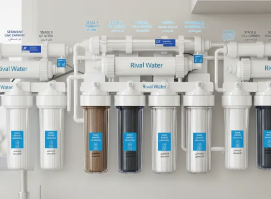 مقارنة بين موديلات فلاتر ريفال ووتر وتوضيح لمراحل التنقية المختلفة وشمعات فلتر 7 مراحل لضمان جودة المياه.