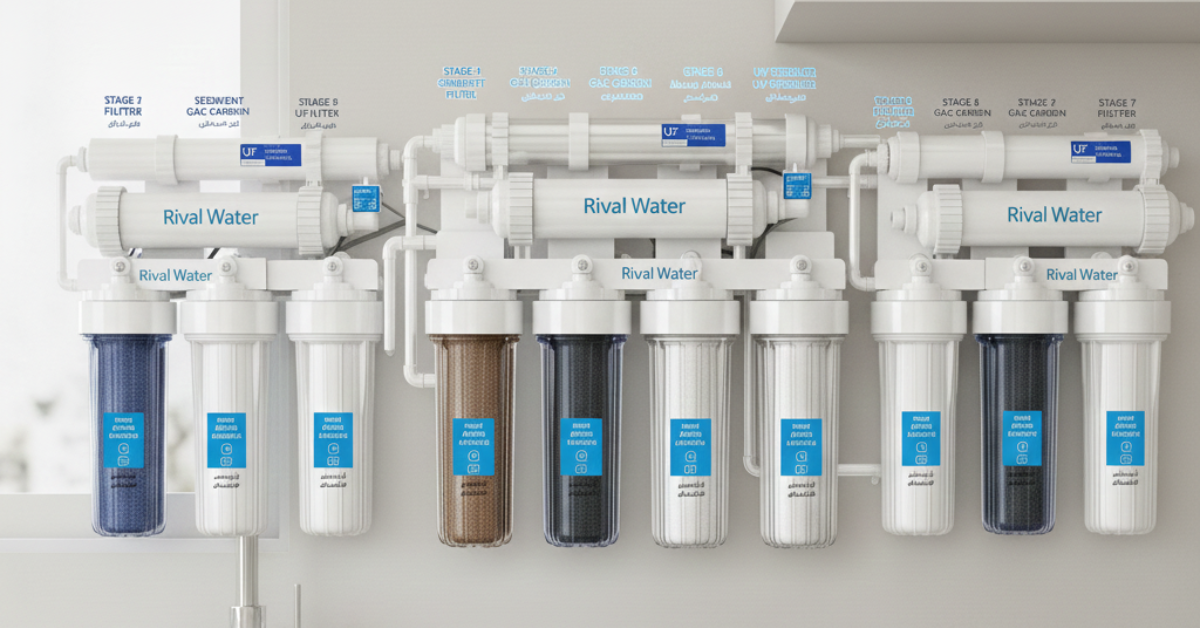 مقارنة بين موديلات فلاتر ريفال ووتر وتوضيح لمراحل التنقية المختلفة وشمعات فلتر 7 مراحل لضمان جودة المياه.