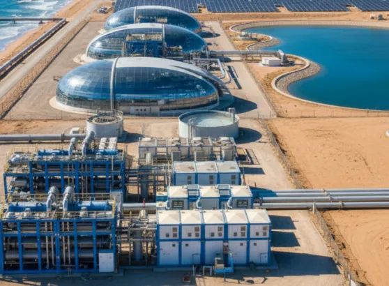 مشهد علوي يوضح كفاءة جهاز تحلية المياه المالحة للزراعة في تحويل الأراضي الصحراوية إلى مساحات خضراء منتجة بجوار محطة طاقة شمسية على شاطئ البحر