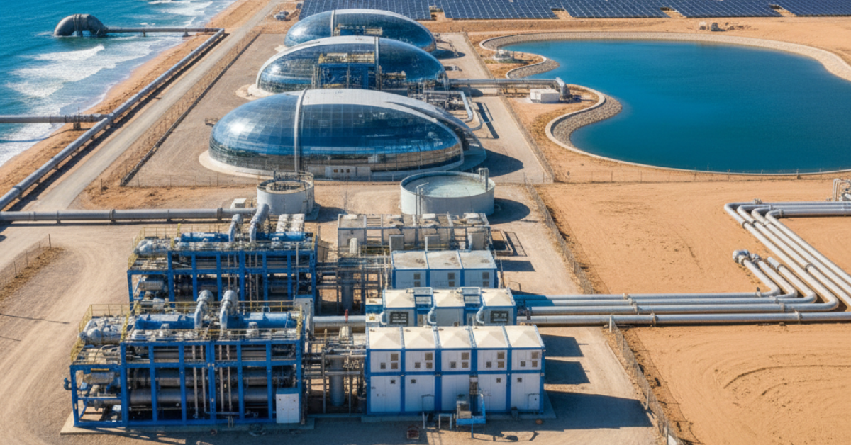 مشهد علوي يوضح كفاءة جهاز تحلية المياه المالحة للزراعة في تحويل الأراضي الصحراوية إلى مساحات خضراء منتجة بجوار محطة طاقة شمسية على شاطئ البحر