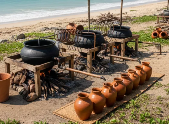 نموذج توضيحي لعملية تحلية المياه المالحة بطريقة يدوية باستخدام القدور الفخارية والنار لتبخير وتكثيف المياه على شاطئ البحر