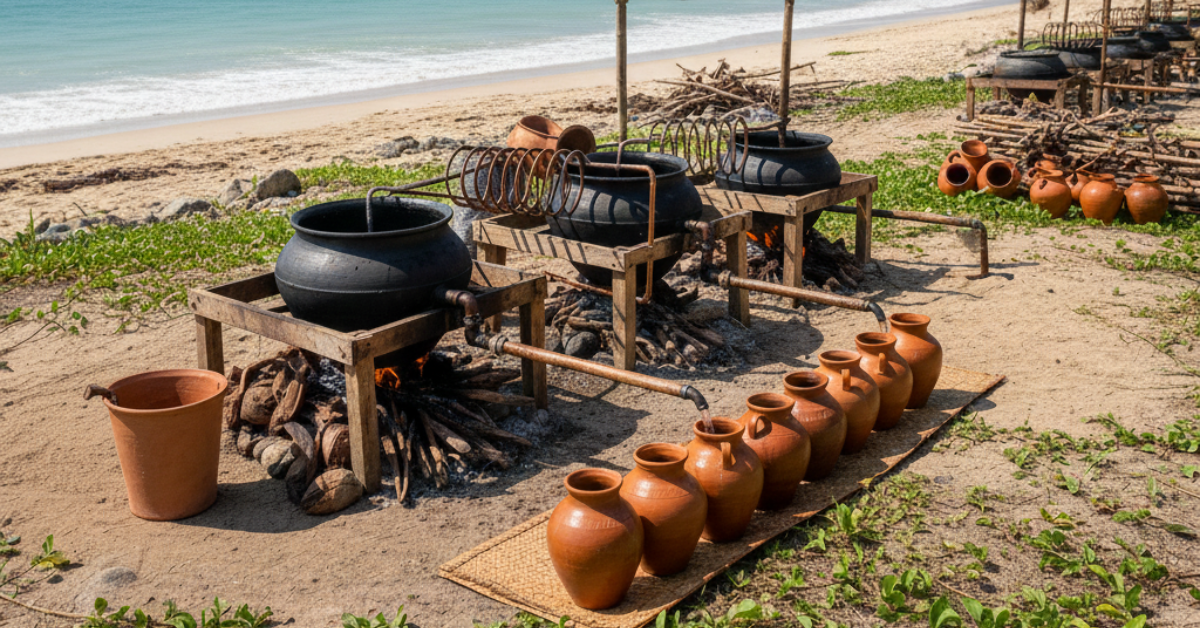 نموذج توضيحي لعملية تحلية المياه المالحة بطريقة يدوية باستخدام القدور الفخارية والنار لتبخير وتكثيف المياه على شاطئ البحر