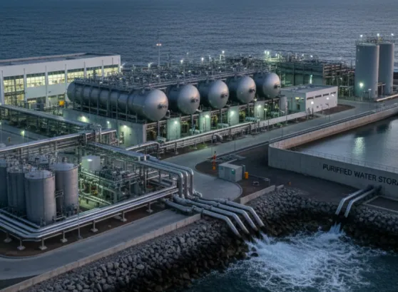 محطة صناعية ضخمة لتحلية مياه البحر على الساحل تضم خزانات وفلاتر كبيرة، لمن يبحث عن كم سعر ماكينة تحلية المياه للمشاريع التجارية والمركزية الكبرى.