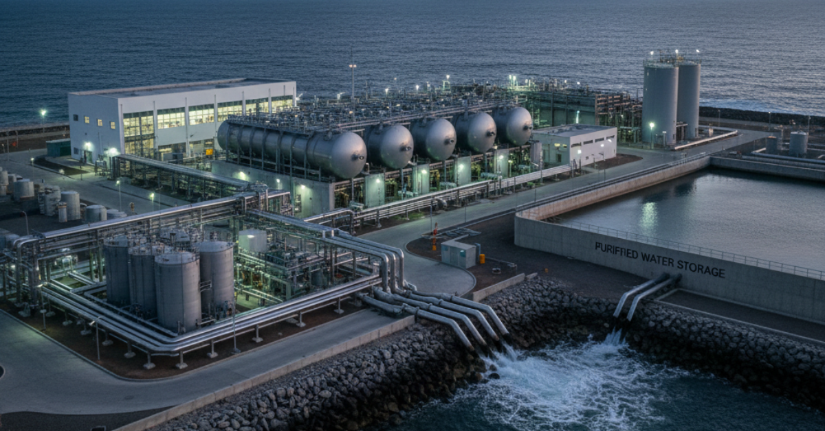 محطة صناعية ضخمة لتحلية مياه البحر على الساحل تضم خزانات وفلاتر كبيرة، لمن يبحث عن كم سعر ماكينة تحلية المياه للمشاريع التجارية والمركزية الكبرى.