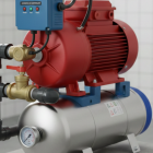 موتور مياه أحمر مثبت على خزان ضغط ستانلس ستيل يوضح طريقة ضبط أوتوماتيك موتور المياه لضمان استقرار ضغط المياه في المنزل