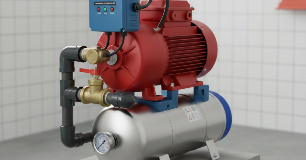 موتور مياه أحمر مثبت على خزان ضغط ستانلس ستيل يوضح طريقة ضبط أوتوماتيك موتور المياه لضمان استقرار ضغط المياه في المنزل