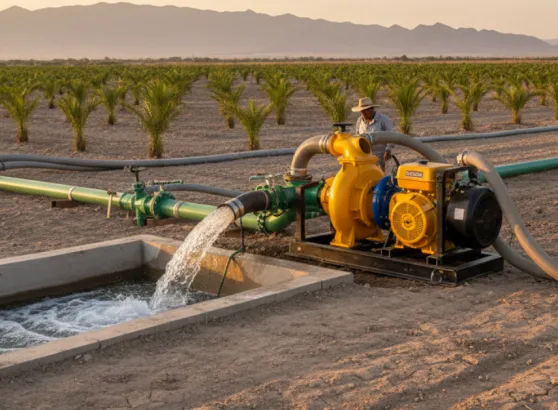مضخة مياه تعمل بالديزل بلون أصفر موصلة بشبكة ري في حقل نخيل، تعكس جودة أنواع مضخات مياه زراعية للبيع لري المساحات الواسعة