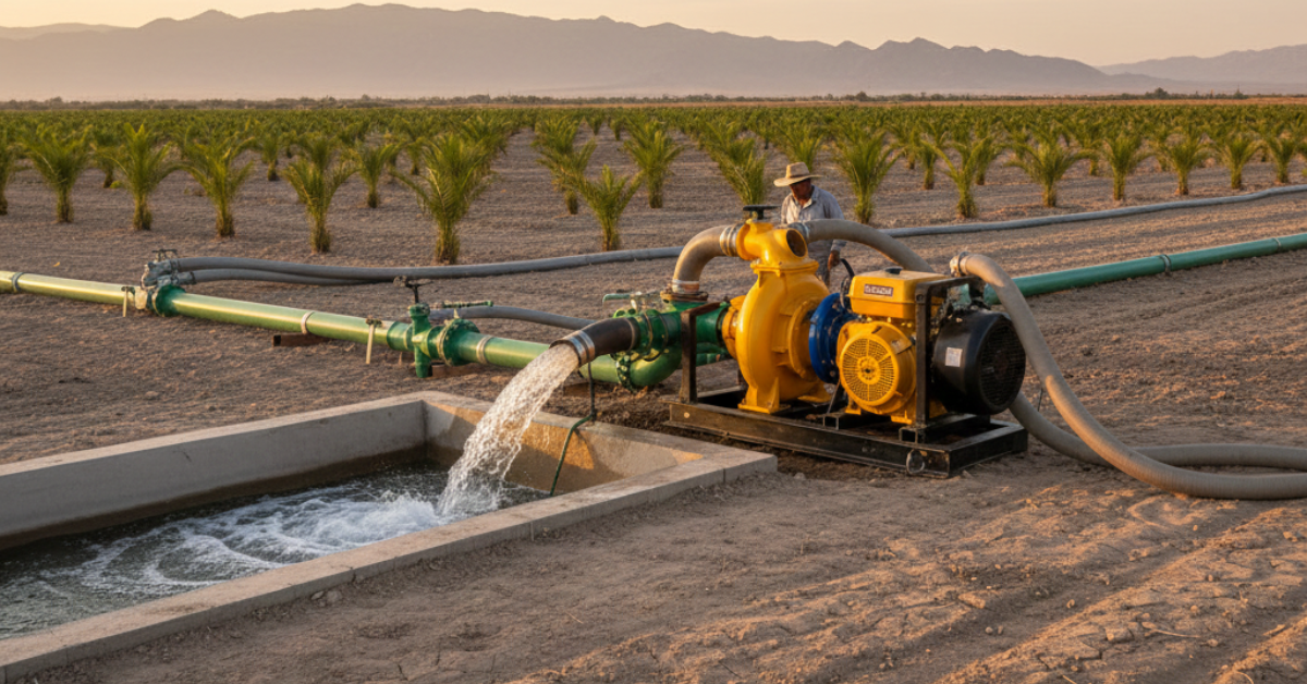 مضخة مياه تعمل بالديزل بلون أصفر موصلة بشبكة ري في حقل نخيل، تعكس جودة أنواع مضخات مياه زراعية للبيع لري المساحات الواسعة