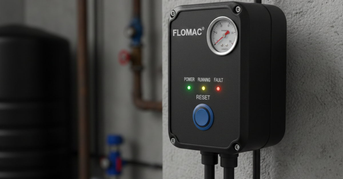 شاشة إلكترونية متطورة توضح مراحل ضبط ضغط جهاز الفلوماك بدقة تصل إلى 2.5 بار، مع مؤشرات ضوئية لحالة الطاقة والتشغيل والأعطال