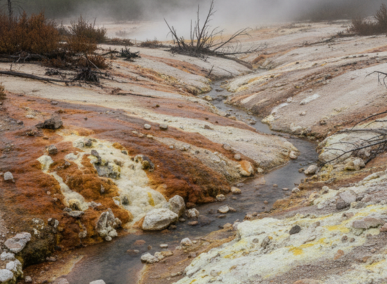 مجرى مائي كبريتي يظهر ترسبات كيميائية ملونة على ضفافه وجفاف في النباتات المحيطة، مما يشير إلى التأثير البيئي وأضرار المياه الكبريتية على التربة والنباتات القريبة.