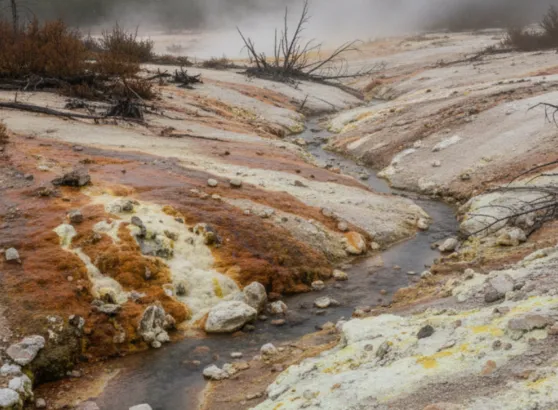 مجرى مائي كبريتي يظهر ترسبات كيميائية ملونة على ضفافه وجفاف في النباتات المحيطة، مما يشير إلى التأثير البيئي وأضرار المياه الكبريتية على التربة والنباتات القريبة.