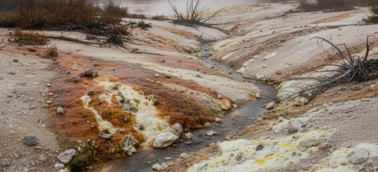 مجرى مائي كبريتي يظهر ترسبات كيميائية ملونة على ضفافه وجفاف في النباتات المحيطة، مما يشير إلى التأثير البيئي وأضرار المياه الكبريتية على التربة والنباتات القريبة.