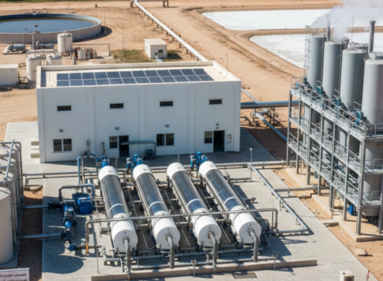 صورة جوية لمحطة واقعية تعمل على تحلية مياه الآبار المالحة في منطقة صحراوية، تظهر فيها الألواح الشمسية على أسطح المباني، صهاريج التخزين، وأنابيب التوزيع الضخمة.