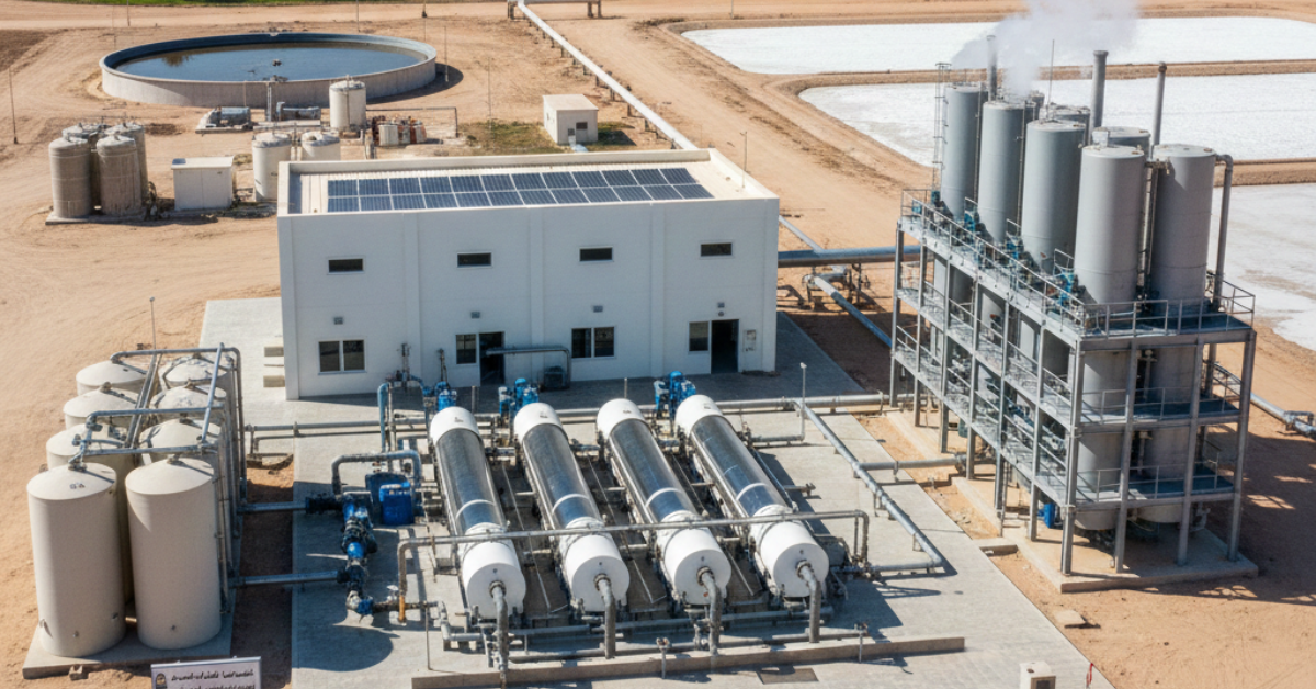 صورة جوية لمحطة واقعية تعمل على تحلية مياه الآبار المالحة في منطقة صحراوية، تظهر فيها الألواح الشمسية على أسطح المباني، صهاريج التخزين، وأنابيب التوزيع الضخمة.