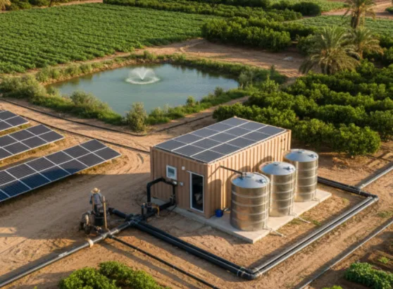 لقطة علوية لنظام تحلية مياه الآبار للزراعة يضم حاوية المعدات وخزانات معدنية وبركة مياه مجهزة، محاطة بمساحات زراعية شاسعة وألواح طاقة شمسية.