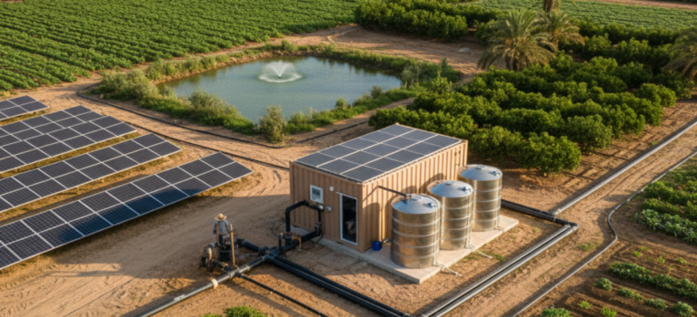 لقطة علوية لنظام تحلية مياه الآبار للزراعة يضم حاوية المعدات وخزانات معدنية وبركة مياه مجهزة، محاطة بمساحات زراعية شاسعة وألواح طاقة شمسية.