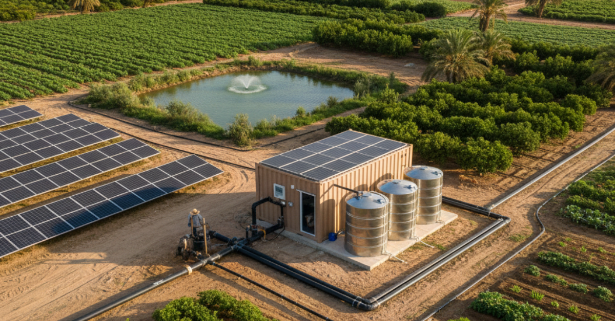لقطة علوية لنظام تحلية مياه الآبار للزراعة يضم حاوية المعدات وخزانات معدنية وبركة مياه مجهزة، محاطة بمساحات زراعية شاسعة وألواح طاقة شمسية.