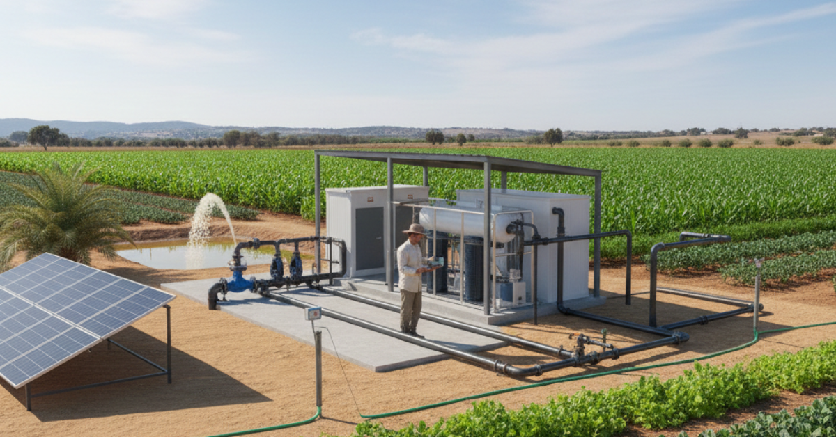 مزارع يقف بجوار وحدة تقنية متطورة مخصصة لـ تحلية مياه الآبار للزراعة في قلب مزرعة خضراء، مع ظهور نظام ضخ المياه وألواح الطاقة النظيفة.