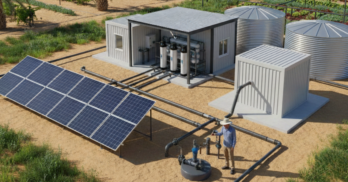 محطة متكاملة لعملية تحلية مياه الآبار للزراعة تعمل بالطاقة الشمسية، تظهر فيها وحدات الفلترة، خزانات المياه، وألواح الطاقة الشمسية بجانب الحقول.