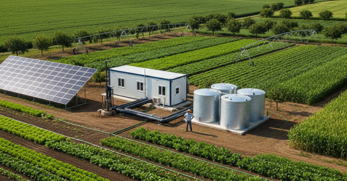 نظام ري حديث يعتمد على تحلية مياه الآبار للزراعة، يظهر فيه مبنى التحكم، خزانات التخزين، وأذرع الري المحوري (الرشاشات) في مزارع منظمة
