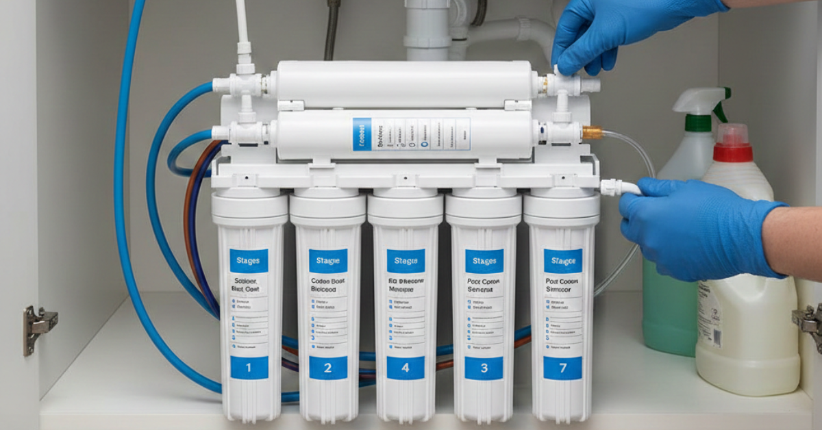 عملية توصيل الوصلات النهائية وربط الخراطيم عند تركيب فلتر 7 مراحل لضمان تدفق مياه نقية خالية من الشوائب.