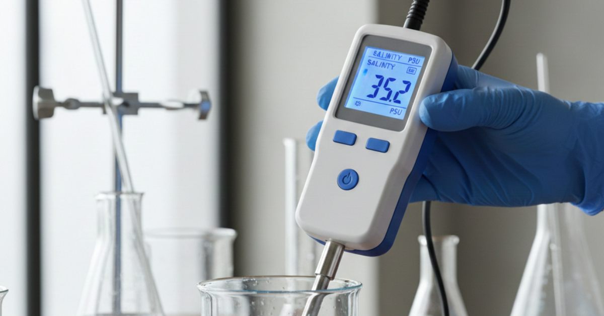 لقطة قريبة تظهر جهاز قياس الملوحة الإلكتروني يعرض قراءة دقيقة لنسبة الملوحة بوحدة PSU داخل مختبر كيميائي