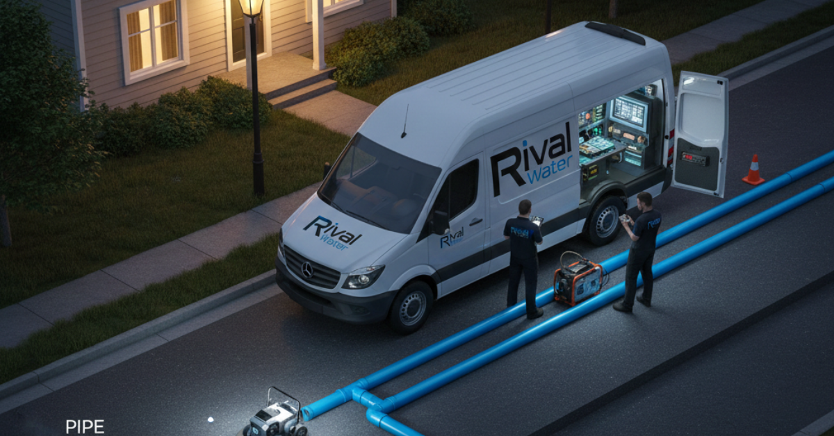 فريق عمل متخصص يستخدم شاحنة مجهزة بأنظمة مراقبة وكاميرات ذكية لفحص الشبكات وتحديد الأعطال ضمن حلول تسرب مياه الصرف الصحي للمناطق السكنية.