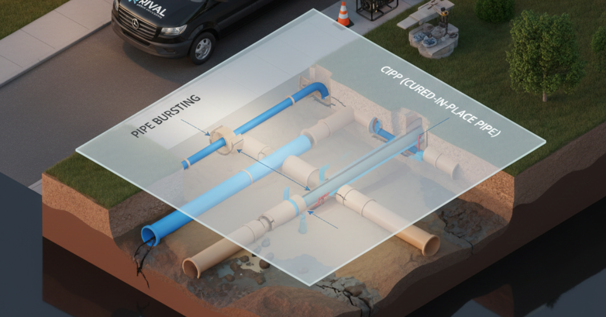 رسم توضيحي (انفوجرافيك) يظهر تقنيات إصلاح الأنابيب بدون حفر، موضحاً طريقة تفجير الأنابيب (Pipe Bursting) وطريقة CIPP كأفضل حلول تسرب مياه الصرف الصحي الحديثة.