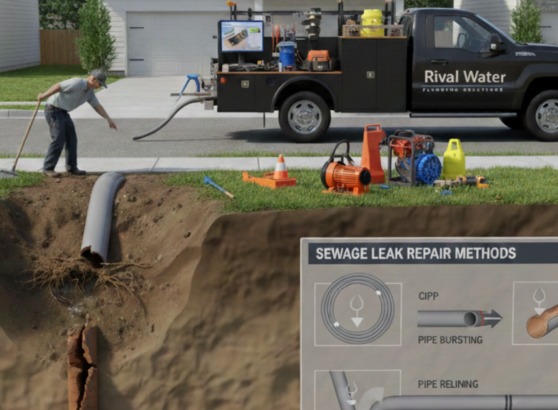 فني صيانة يقوم بفحص أنابيب مكسورة تحت الأرض باستخدام معدات متطورة وشاحنة خدمات، مع لوحة توضيحية تعرض حلول تسرب مياه الصرف الصحي مثل تقنيات CIPP وتبديل الأنابيب.