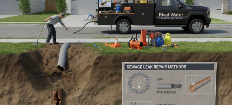 فني صيانة يقوم بفحص أنابيب مكسورة تحت الأرض باستخدام معدات متطورة وشاحنة خدمات، مع لوحة توضيحية تعرض حلول تسرب مياه الصرف الصحي مثل تقنيات CIPP وتبديل الأنابيب.