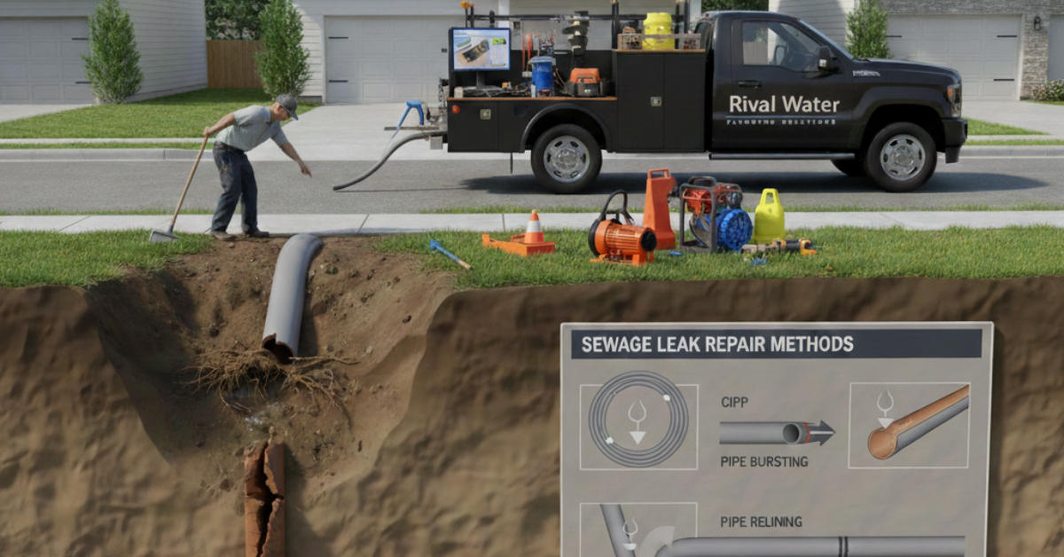 فني صيانة يقوم بفحص أنابيب مكسورة تحت الأرض باستخدام معدات متطورة وشاحنة خدمات، مع لوحة توضيحية تعرض حلول تسرب مياه الصرف الصحي مثل تقنيات CIPP وتبديل الأنابيب.
