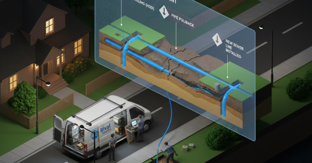 مخطط هندسي يوضح عملية سحب واستبدال خطوط الصرف الصحي القديمة بخطوط جديدة تحت الأرض، كجزء من حلول تسرب مياه الصرف الصحي المستدامة للمنازل.