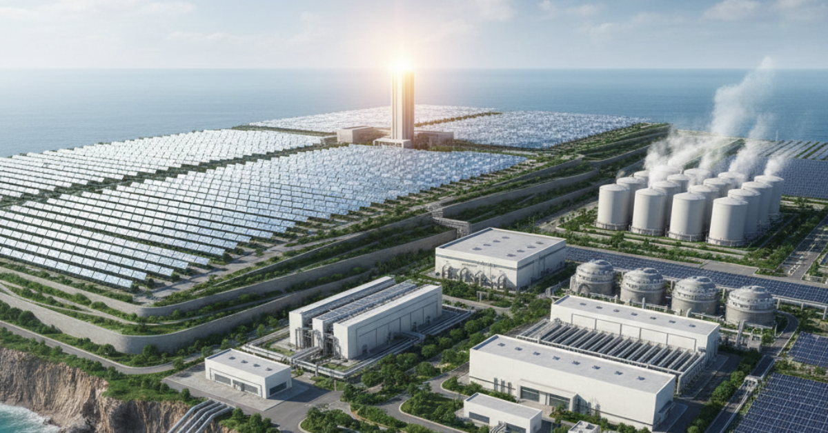 محطة عملاقة صديقة للبيئة تستعرض طرق تحلية مياه البحر باستخدام الطاقة الشمسية المركزة، حيث تغطي الألواح مساحات شاسعة بجانب خزانات المعالجة على شاطئ البحر.