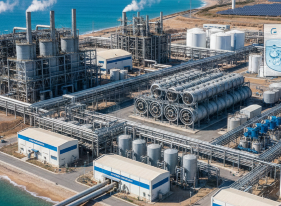 مجمع صناعي ساحلي حديث يعتمد طرق تحلية مياه البحر المتطورة، ويظهر في الخلفية حقل من الألواح الشمسية لتوفير طاقة نظيفة ومستدامة لعملية التحلية.