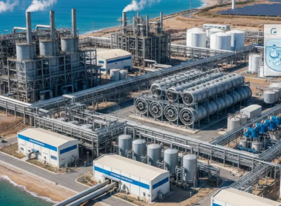 مجمع صناعي ساحلي حديث يعتمد طرق تحلية مياه البحر المتطورة، ويظهر في الخلفية حقل من الألواح الشمسية لتوفير طاقة نظيفة ومستدامة لعملية التحلية.