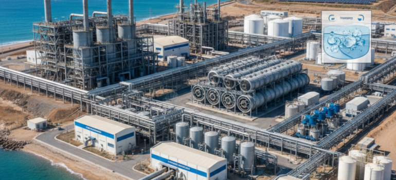 مجمع صناعي ساحلي حديث يعتمد طرق تحلية مياه البحر المتطورة، ويظهر في الخلفية حقل من الألواح الشمسية لتوفير طاقة نظيفة ومستدامة لعملية التحلية.