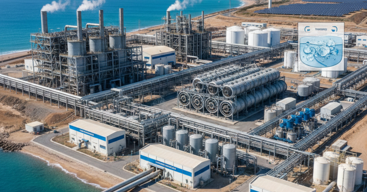 مجمع صناعي ساحلي حديث يعتمد طرق تحلية مياه البحر المتطورة، ويظهر في الخلفية حقل من الألواح الشمسية لتوفير طاقة نظيفة ومستدامة لعملية التحلية.