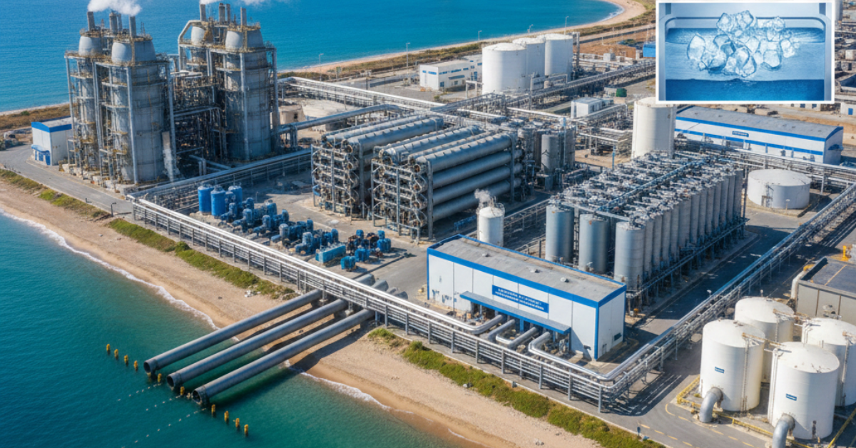 لقطة علوية لمحطة ضخمة توضح طرق تحلية مياه البحر عبر التقطير والترشيح، مع صورة مصغرة في الزاوية تظهر بلورات الثلج كإشارة لتقنية التحلية بالتجميد.