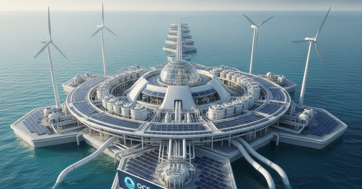 تصميم مستقبلي لمنصة عائمة في وسط المحيط تدمج طرق تحلية مياه البحر مع طاقة الرياح والطاقة الشمسية، مما يمثل الجيل القادم من محطات المياه الذكية.