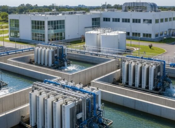 مشهد بانورامي لأربعة أحواض ترسيب دائرية ضخمة مزودة بأذرع ميكانيكية، تمثل المرحلة الميكانيكية ضمن طرق معالجة المياه في المحطات الكبرى