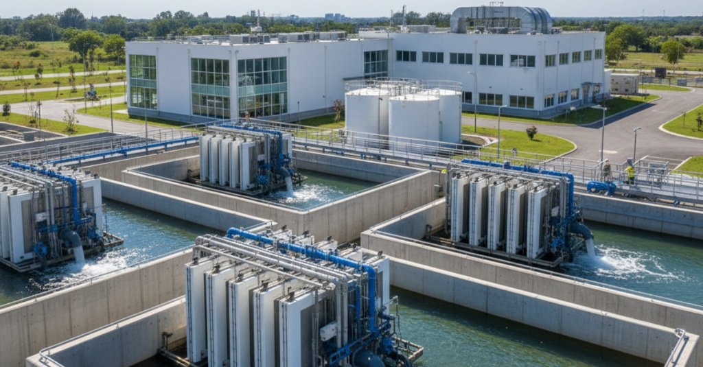 مشهد بانورامي لأربعة أحواض ترسيب دائرية ضخمة مزودة بأذرع ميكانيكية، تمثل المرحلة الميكانيكية ضمن طرق معالجة المياه في المحطات الكبرى