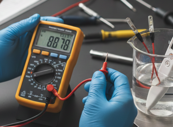 استخدام جهاز المولتيميتر الرقمي في طريقة فحص حساس الحرارة للتأكد من استجابة الحساس لتغيرات درجات حرارة السوائل وتطابق القيم المسجلة